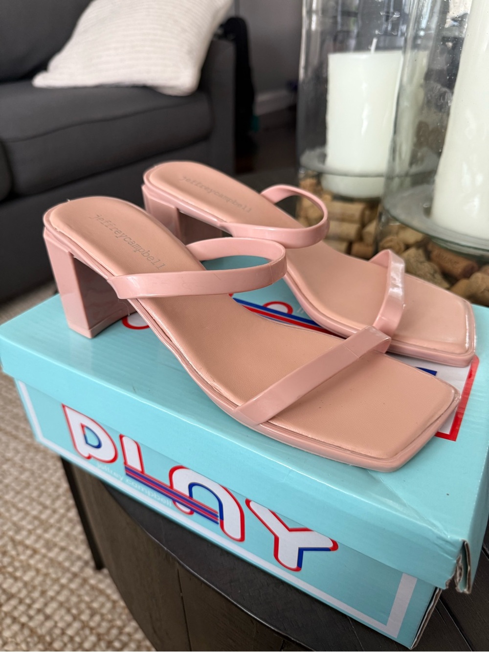 Jeffrey Campbell Jamm-3 jelly slide sandals in a pink nude color.